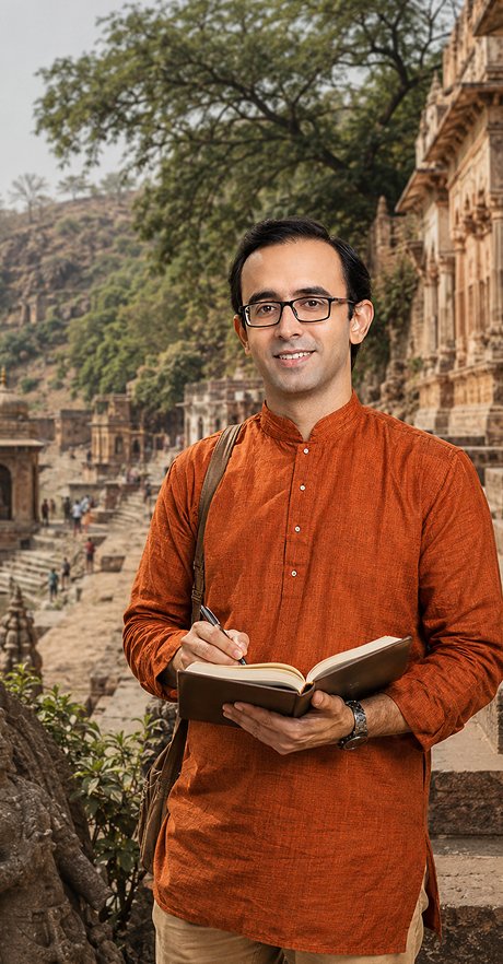Historian Chandru Ramesh with field notes at a heritage temple in Braj